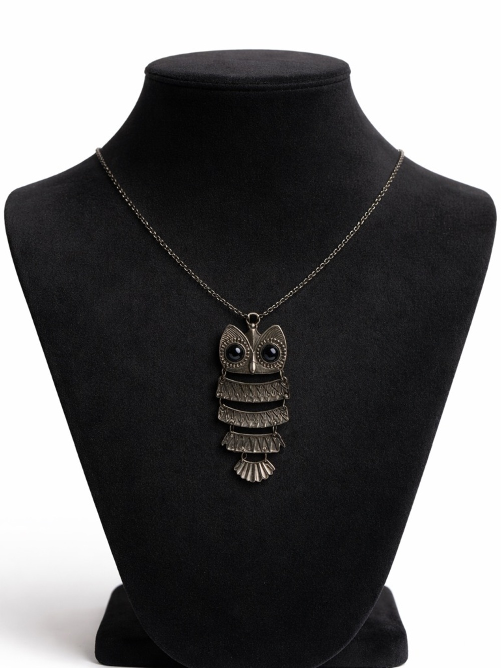 Antique Bronze Owl Pendant Necklace - Black Accent